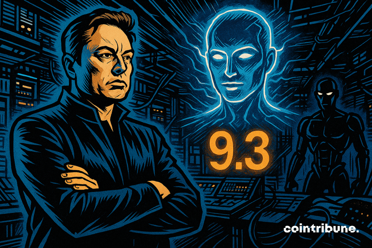 Dans un centre futuriste, Elon Musk fait face à un hologramme d’IA noté “9.3”, tandis qu’un robot menaçant, symbole d’OpenAI, se profile dans l’ombre. Ambiance tendue, style comics.