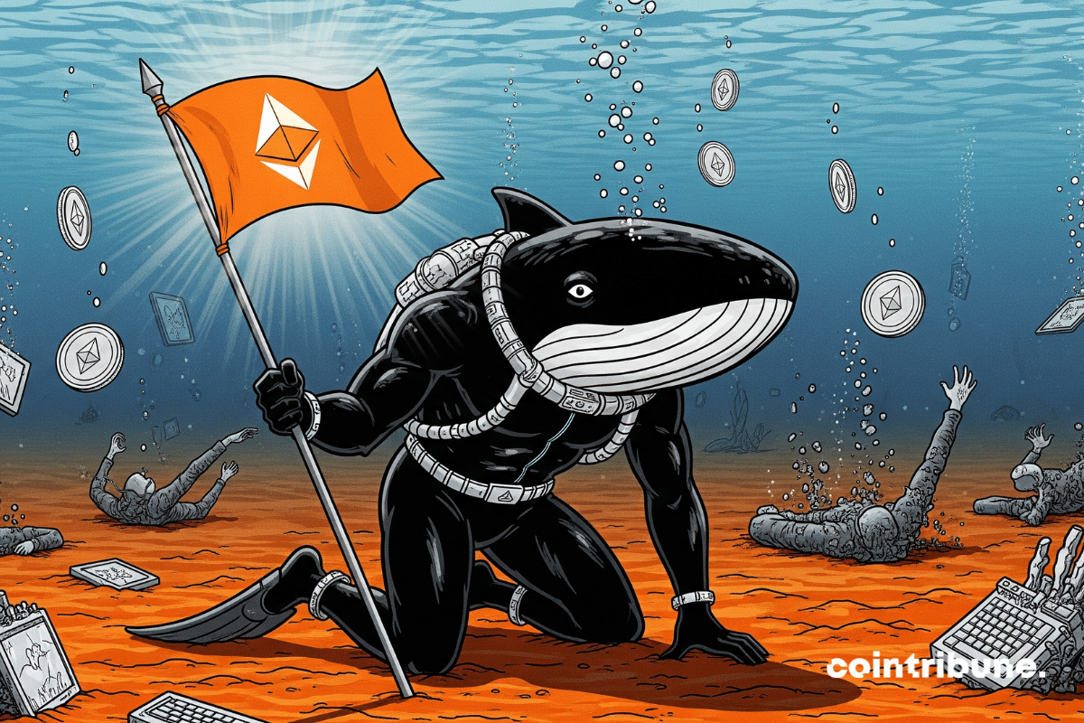 Una ballena estoica sosteniendo una bandera de Ethereum plantada en suelo fracturado