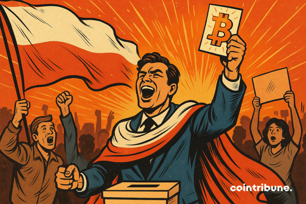 Um político de terno, envolto na bandeira polonesa, segura orgulhosamente uma cédula de votação marcada com o símbolo do Bitcoin ₿. Ao seu redor, uma multidão eufórica comemora sua vitória. O fundo explosivo em laranja e vermelho evoca uma revolução eleitoral. O estilo é o de uma história em quadrinhos dos anos 1970, enérgico e contrastante.
