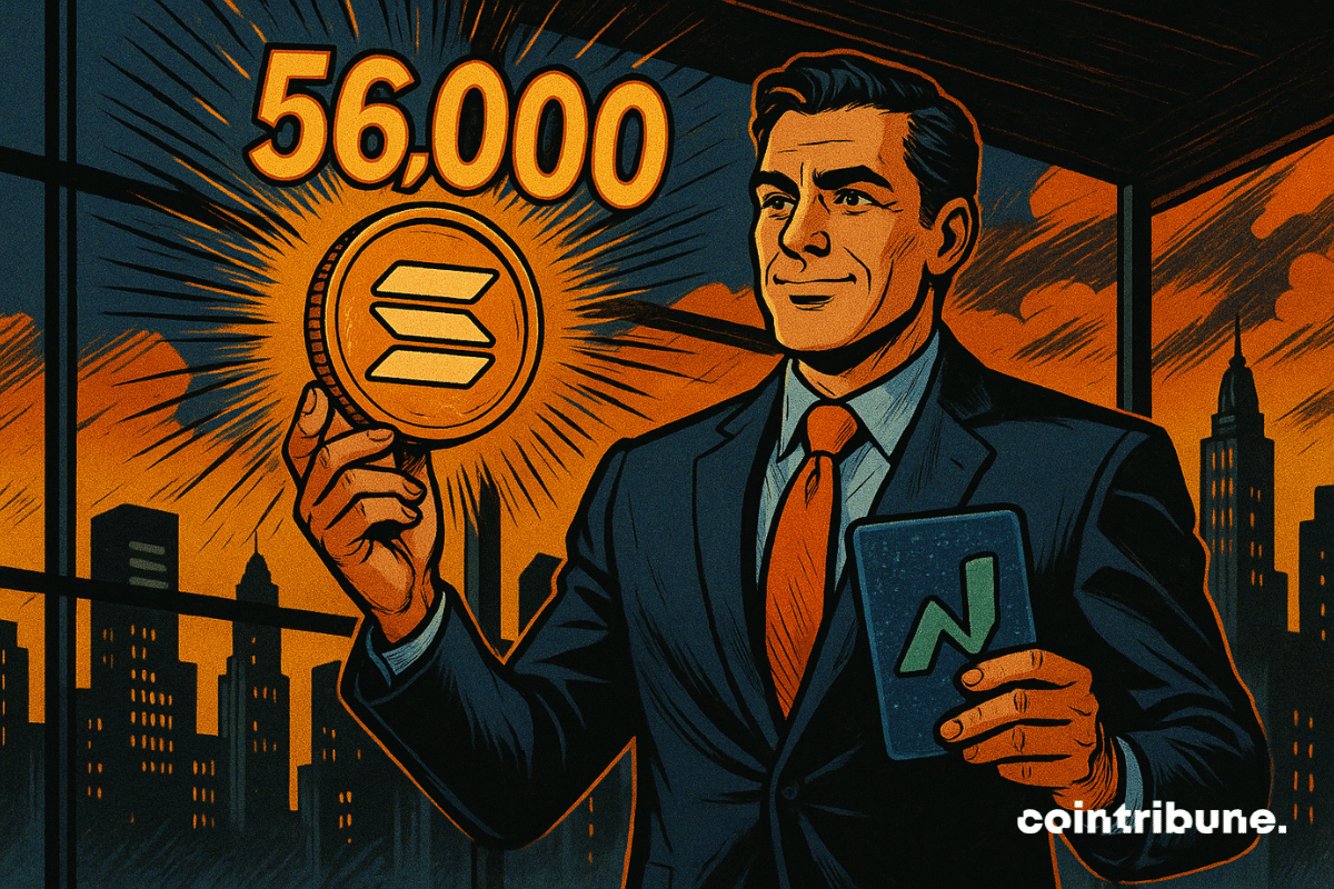 Un pont futuriste relie Wall Street à un univers cyberpunk Solana. Un trader de Solana en costume, concentré, lance un jeton lumineux. Ambiance dramatique, éclairage contrasté, chiffres flottants : 56 000.