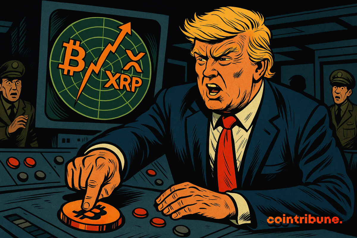 Donald Trump presiona un gran botón de Bitcoin en una sala de comando, mientras un radar muestra el repentino aumento de Bitcoin, XRP y Ethereum.