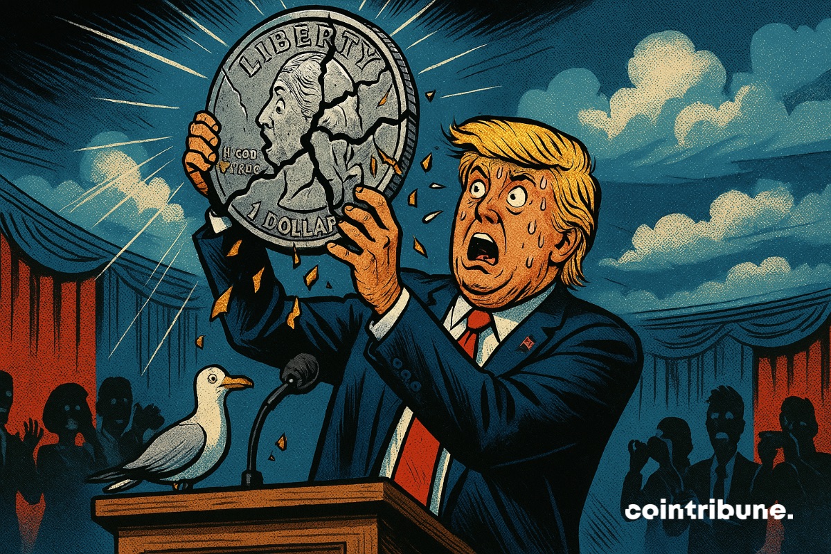 Donald Trump with a large USD1 stablecoin cracking in his hands.
