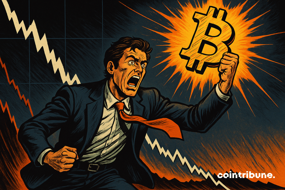 A panicked businessman holds a glowing Bitcoin, while a stock chart drops dramatically, symbolizing market tension.