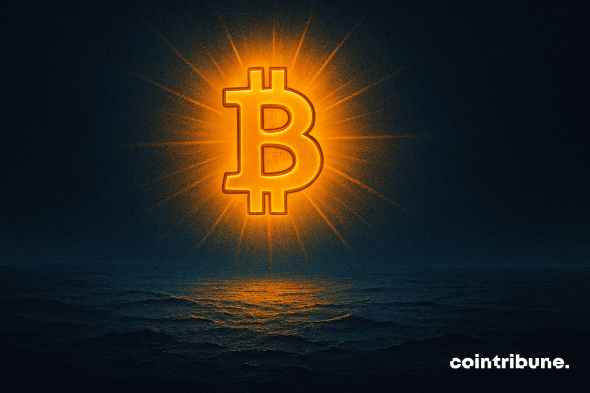 Un symbole Bitcoin lumineux s'élève au-dessus d'un océan sombre et calme, symbolisant les prix élevés du BTC au milieu d'une faible activité sur la chaîne et d'un mempool inhabituellement vide.