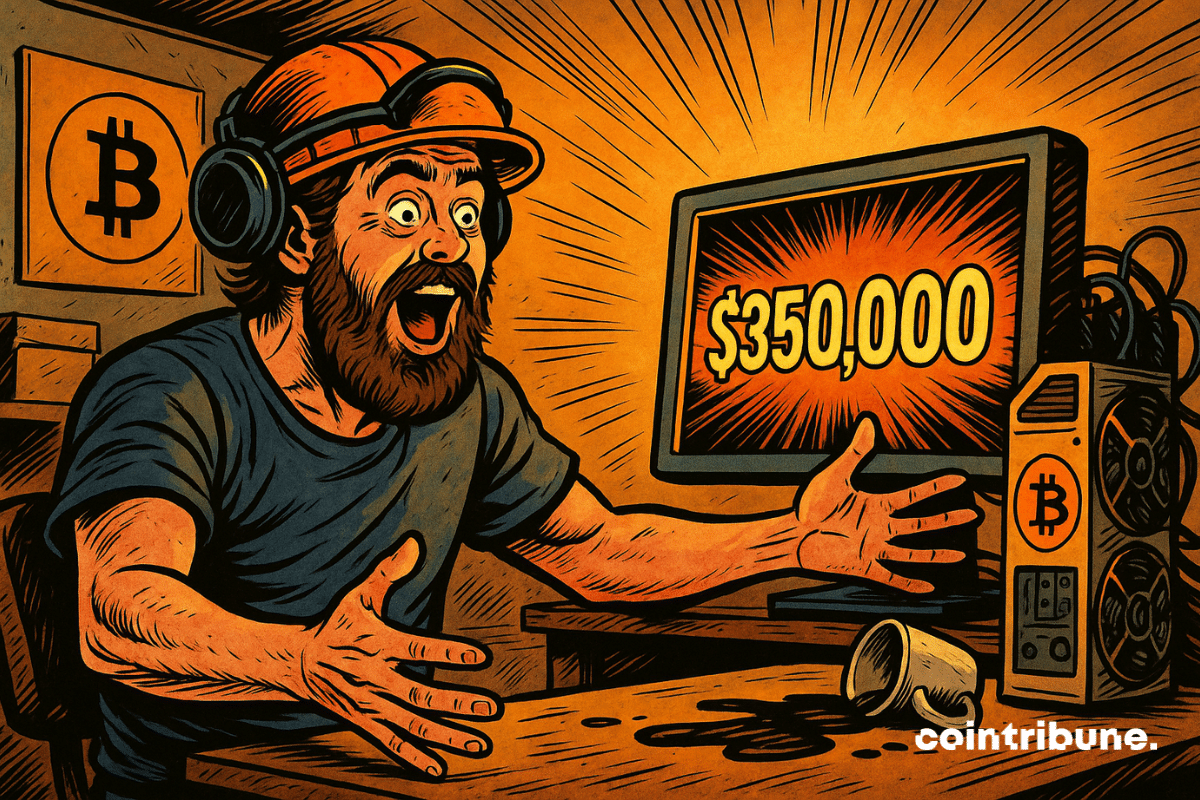 Um minerador de Bitcoin desgrenhado, com fones de ouvido, inclinado para trás, braços abertos e olhos arregalados. Ele observa um rig de mineração caseiro com uma tela mostrando “350.000 dólares”.