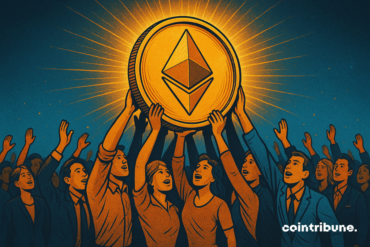 Ilustração de um grupo de pessoas levantando uma moeda Ethereum brilhante, simbolizando os esforços liderados pela comunidade para fortalecer a rede Ethereum.