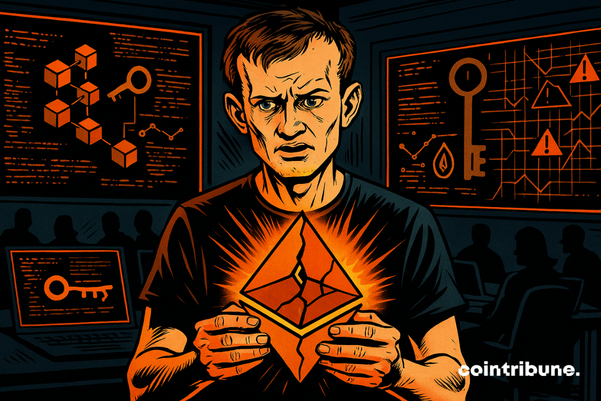 Un preocupado Vitalik Buterin sostiene un logotipo de Ethereum agrietado, mientras gráficos y siluetas oscuras llenan el fondo.