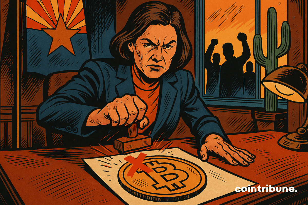 In an official office, Arizona's stern-looking governor red-stamps a Bitcoin document, watched by silhouetted protesters and a blazing desert.