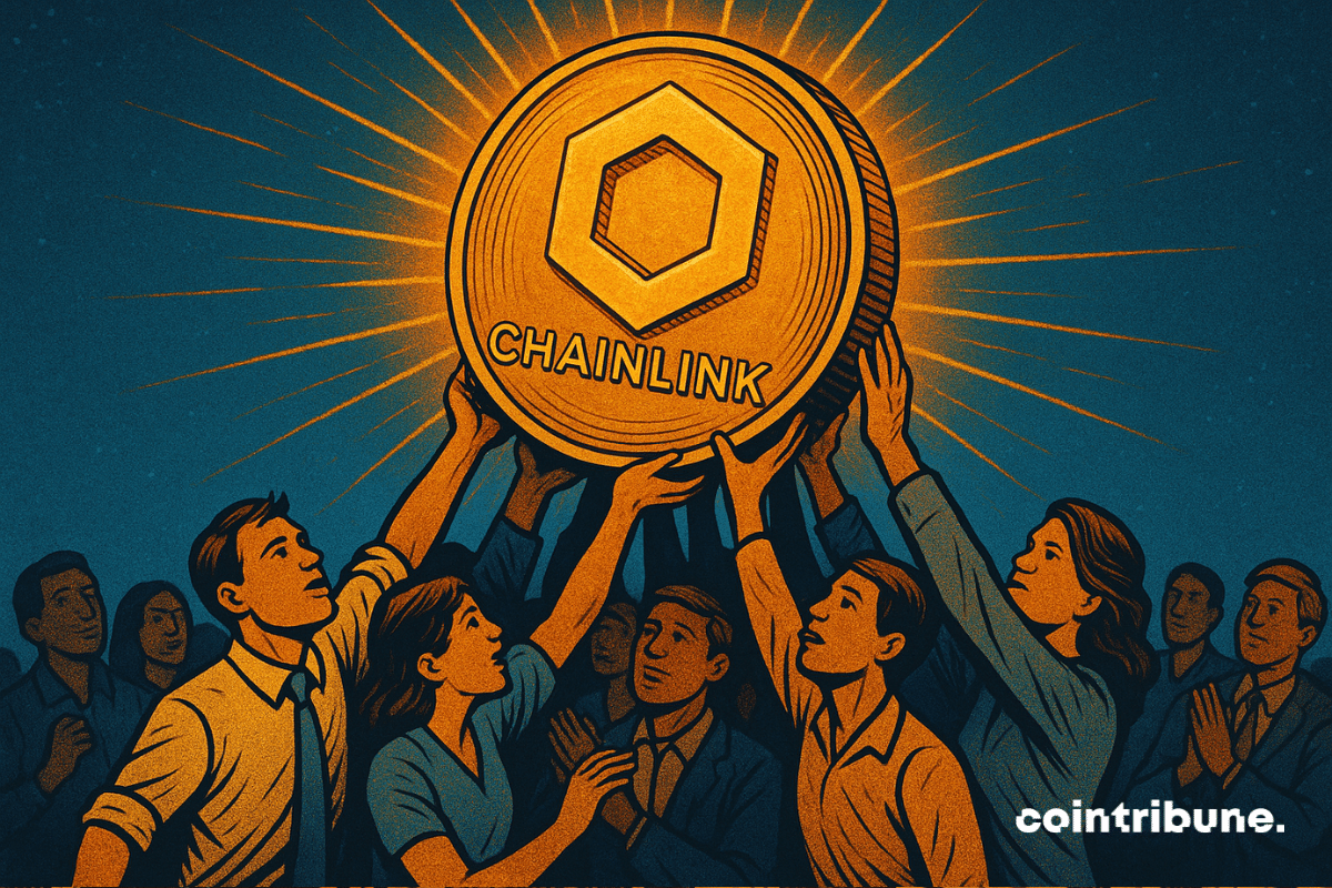 Ilustração de uma multidão de pessoas levantando uma moeda Chainlink gigante e brilhante, simbolizando os esforços coletivos do mercado para elevar o preço do LINK.